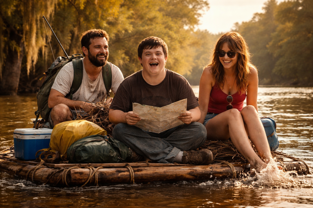 tres personas en una balsa navegando por un río