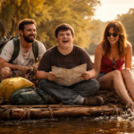 tres personas en una balsa navegando por un río